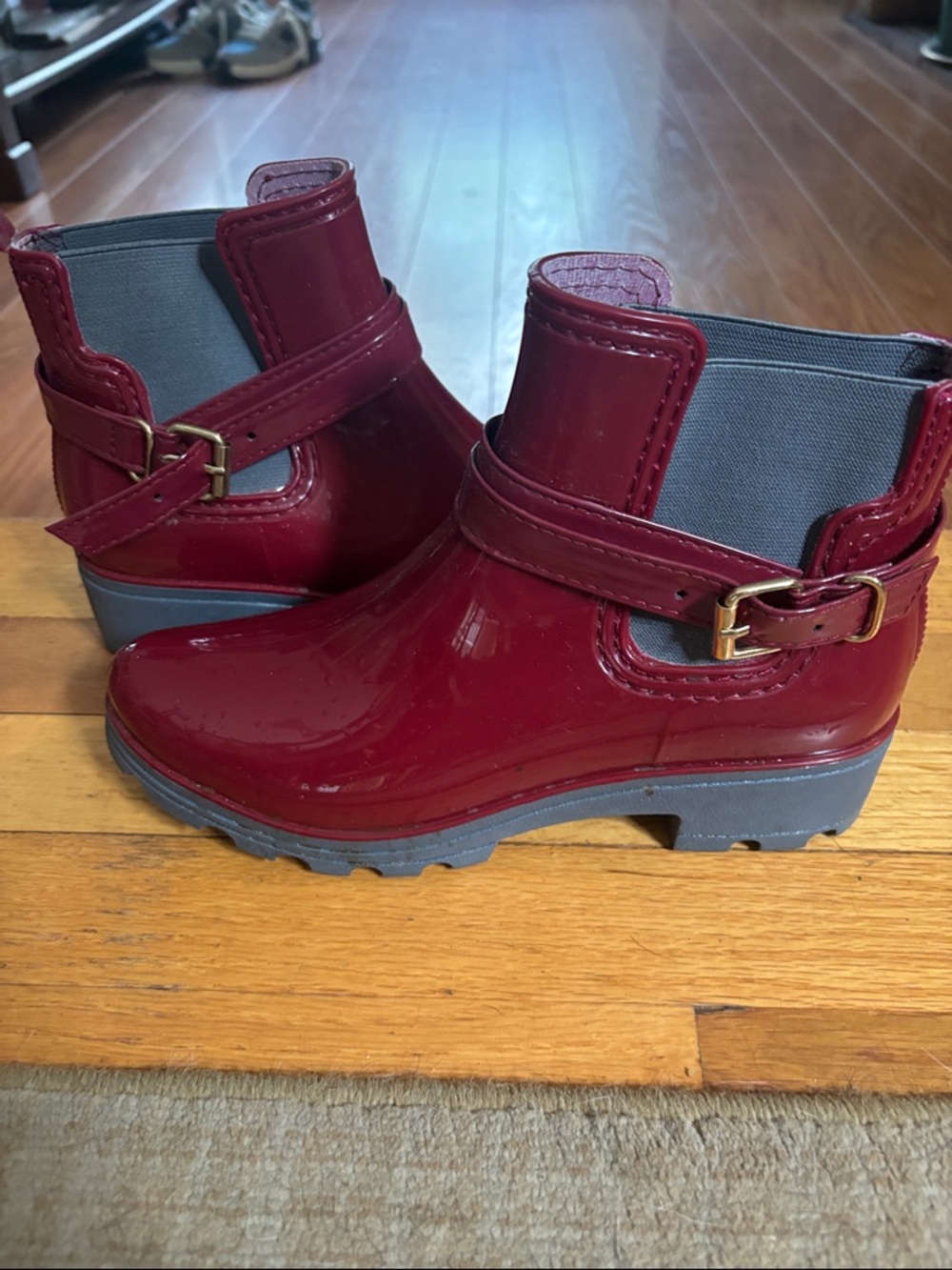 Women’s Glossy Burgundy Chelsea Rain Booties with Buckle Accent